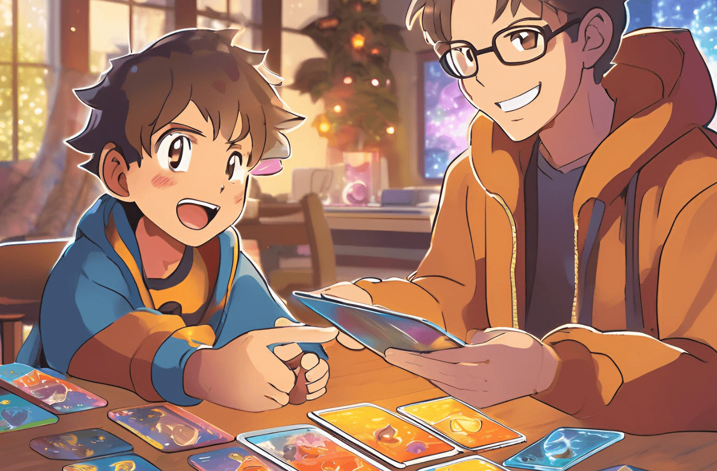 A warm and vibrant scene of a father and young son sitting at a table filled with colorful Pokémon cards. They are interacting hands-free with a friendly AI avatar displayed on a tablet, narrating an exciting card battle. The soft lighting highlights their joyful expressions and the colorful cards, illustrating the power of no-code technology in creating unique, personalized experiences.